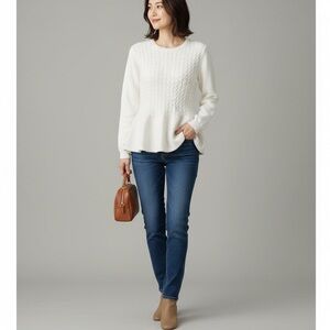 Ted Baker Womens 4 Peplum Sweater Cable Knit Cotton Blend Pullover Ivory spring